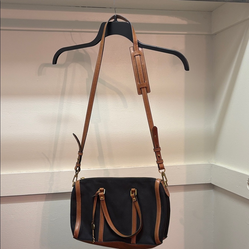 FOSSIL Kendall Crossbody Satchel Black Canvas/Leather Trim Purse Bag Key Charm